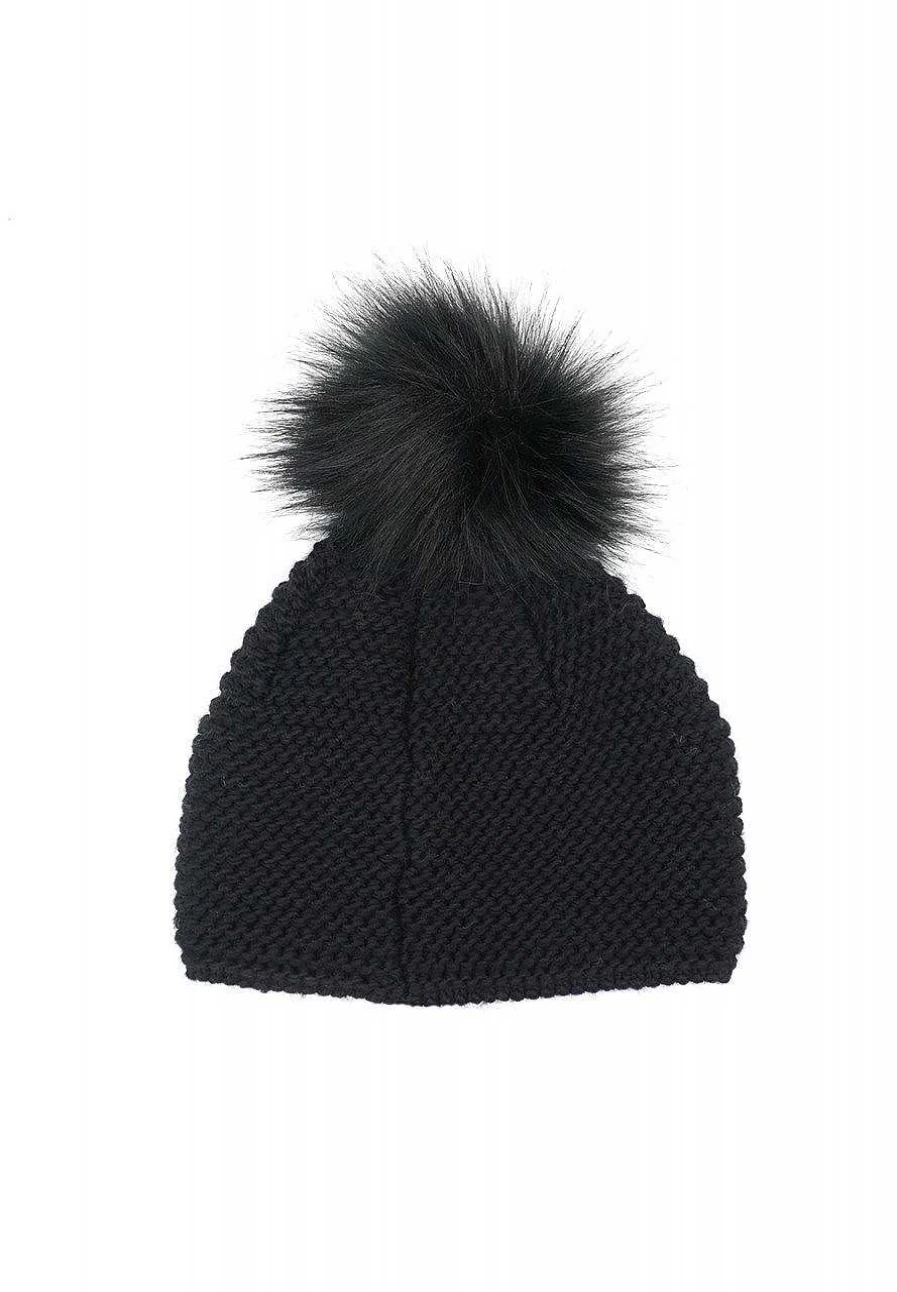 "Capo Women's Knitted Hat with Faux Fur Pompom and Fleece Stripes – Warm Winter Beanie"