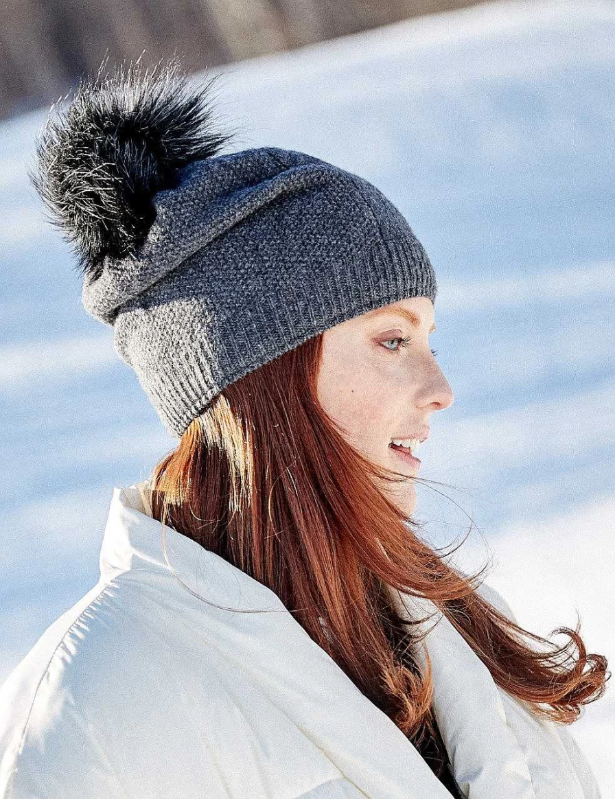 "Capo Women's Knitted Cashmere Hat with Faux Fur Pompom and Fleece Stripes"