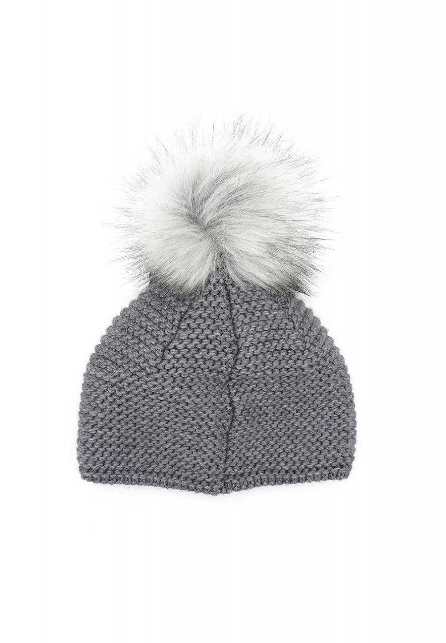 "Capo Women's Knitted Hat with Faux Fur Pompom and Fleece Stripes – Warm Winter Beanie"