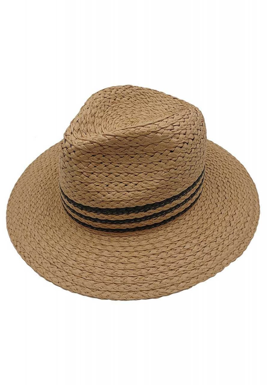 Capo Men's Camel Straw Hat with Decorative Stripes and Braided Design for Travel