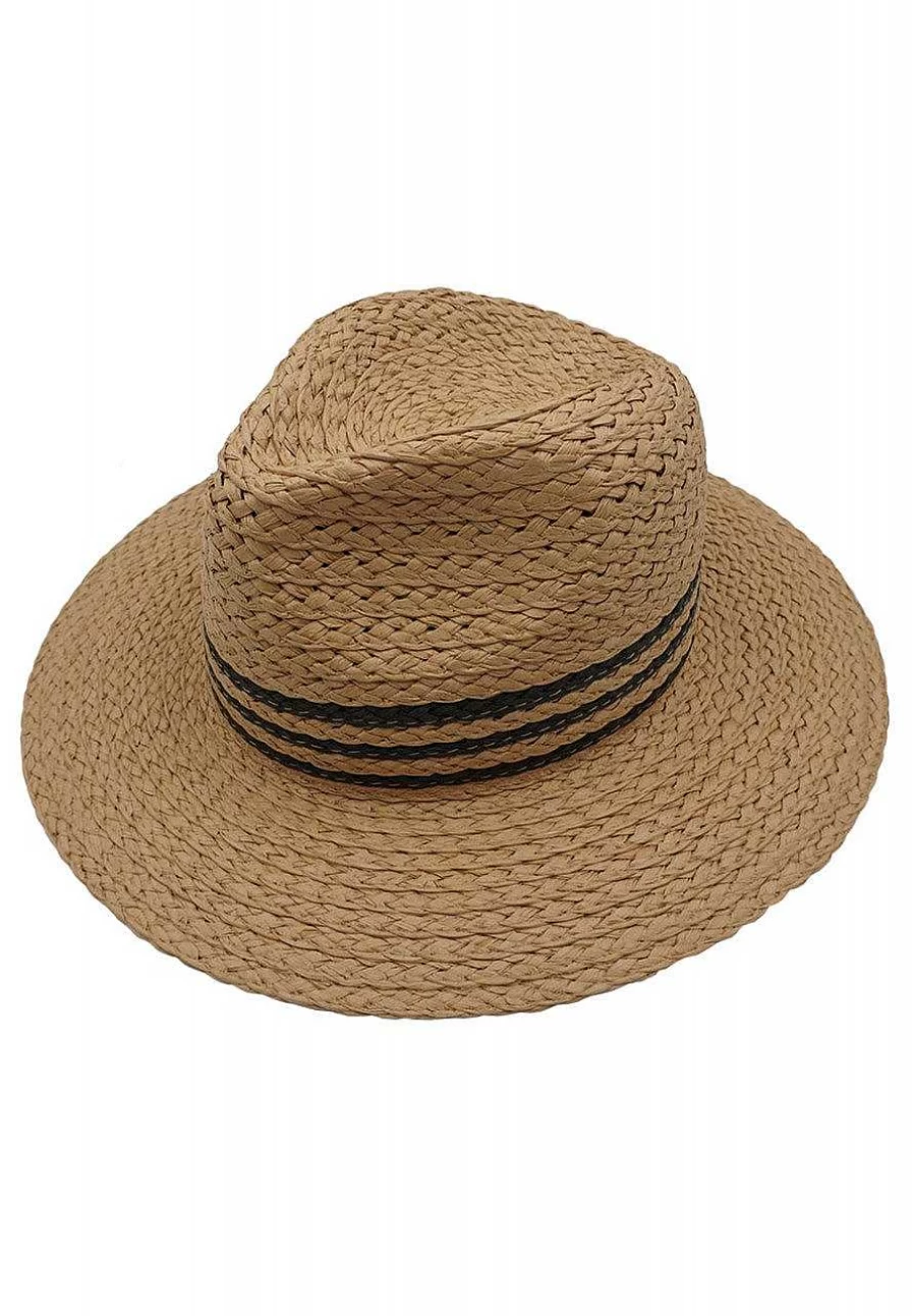 "Capo Women's Camel Straw Hat with Braided Detail and 3 Decorative Stripes for Travel"