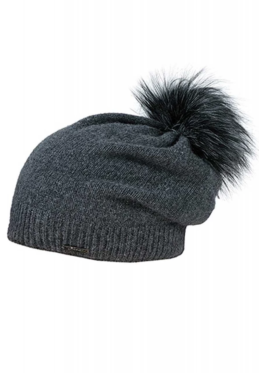 "Capo Women's Knitted Cashmere Hat with Faux Fur Pompom and Fleece Stripes"